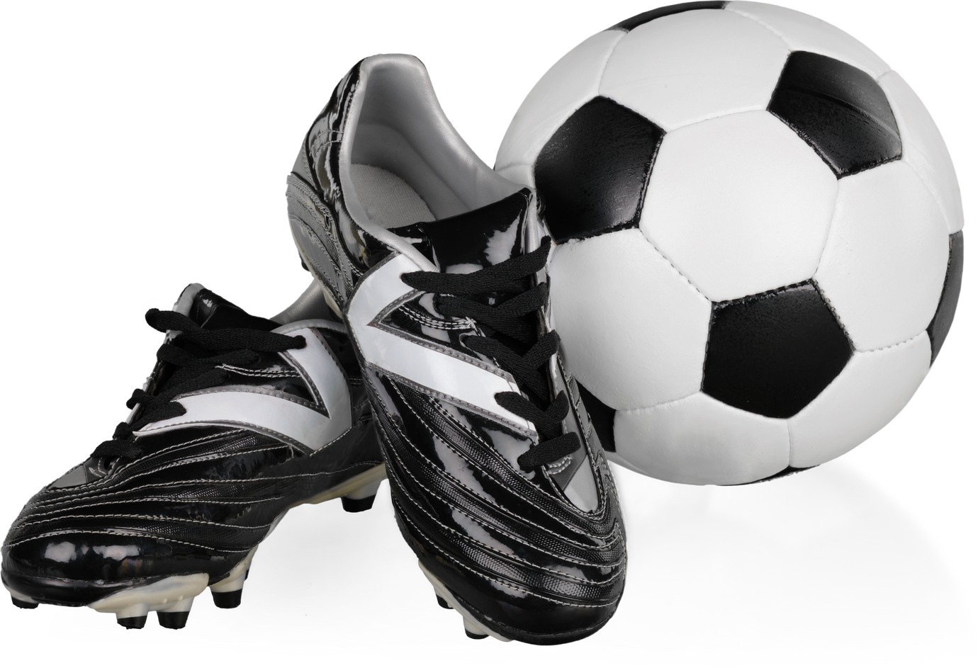 Black and White Football Shoes and Soccer Ball, Isolated